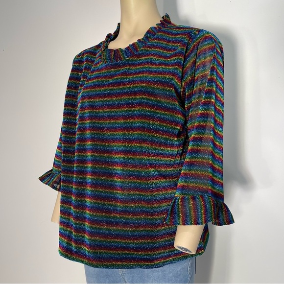 The Tiny Tassel Rainbow Shimmer Striped Ruffle Sleeve and Collar Top Size XL - Picture 3 of 9